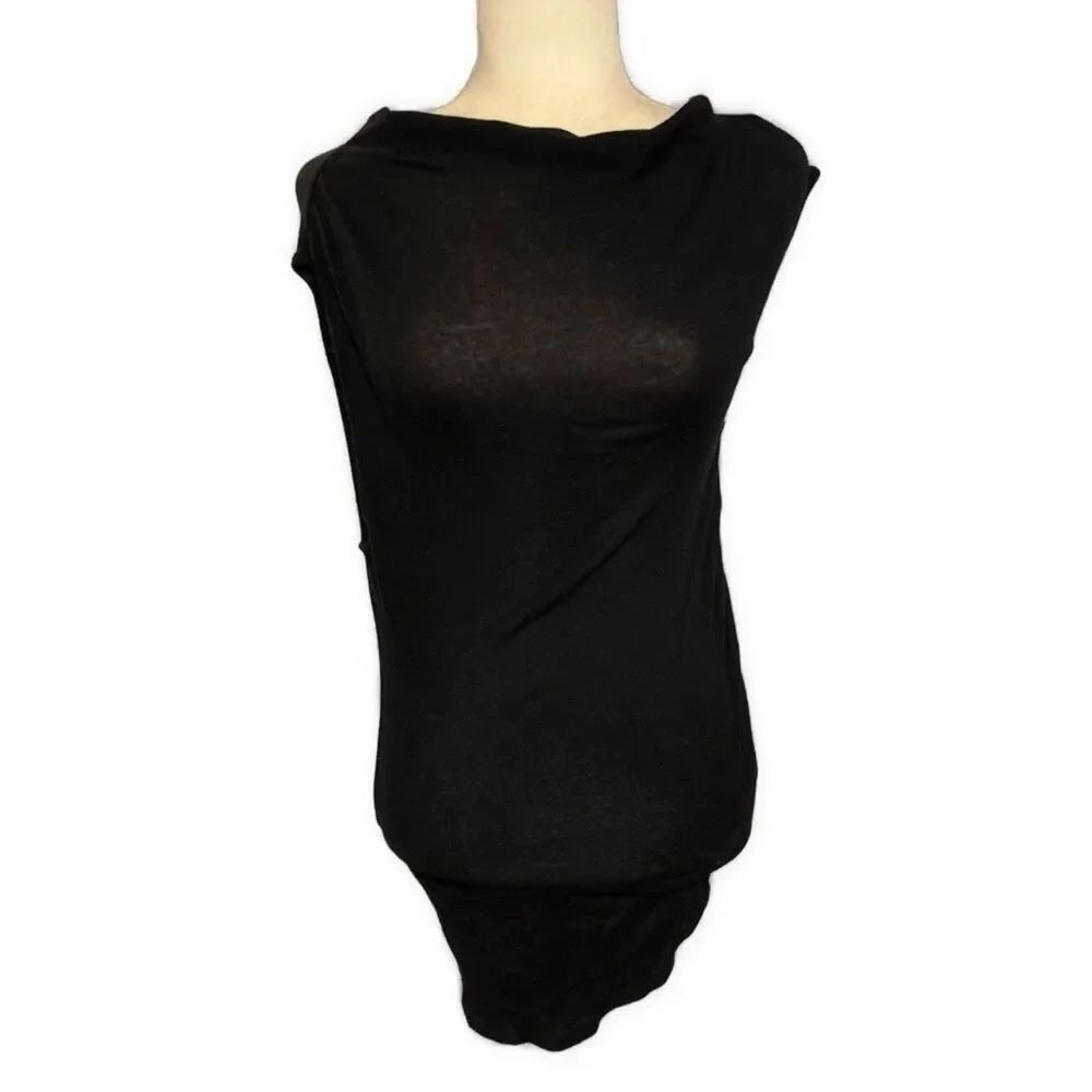 Zara Womens Solid Black Thin Knit Mock Neck Tank Ruched Tunic Top Large